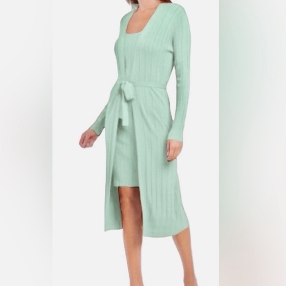 House of Harlow Mint Green Long Sleeve Knit Ribbed Dress With Cardigan Size M - Picture 2 of 7